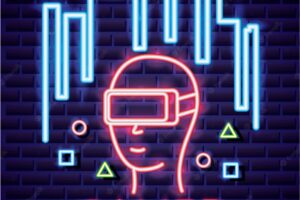 Person with virtual reality glasses, video game neon linear style