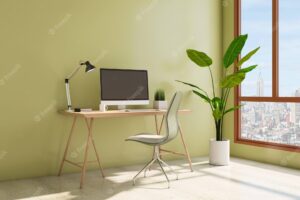 Perspective view on sunny natural colors work space in home office with modern computer on wooden table green plants in white pots olive color wall and city view from huge window 3d rendering