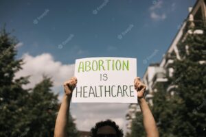 The phrase abortion is healthcare drawn on a carton banner in hand