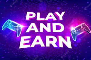 Play and earn gamefi technology p2e neon game controller and text on cyberspace background.