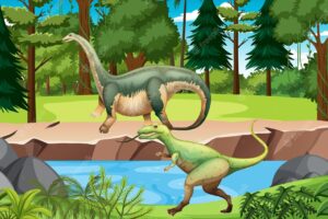 Prehistoric forest background with dinosaur cartoon