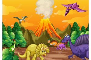 Prehistoric forest scene with various dinosaurs