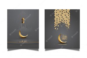 Ramadan greeting card with golden crescent moon and lantern