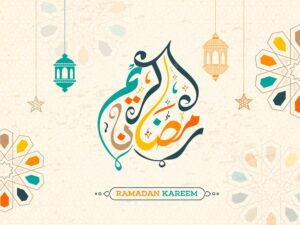 Ramadan kareem flat style banner design with arabic style