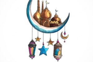 Ramadan kareem islamic moon and mosque colorful card background