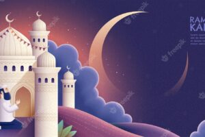 Ramadan kareem prayer and mosque at night in hand drawn style banner