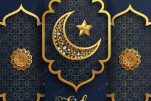 Ramadan kareem, ramadhan or eid mubarak by muslims greeting background islamic with gold patterned and crystals on paper color background.( translation : ramadan kareem )