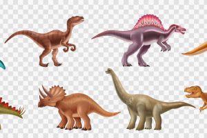 Realistic dinosaur set with triceratops spinosaurus stegosaurus branchiosaurus tyrannosaurus isolated on transparent background vector illustration