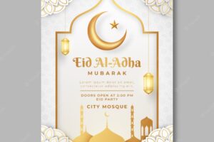 Realistic eid al-adha vertical poster template with crescent moon and lanterns