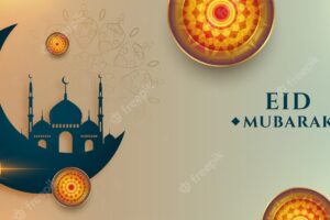 Realistic eid mubarak wishes banner with arabic decoration