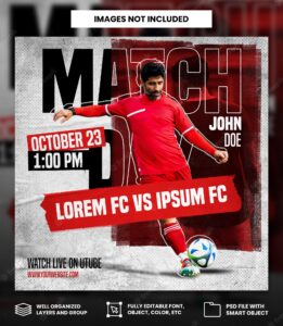 Red football sport match day with torn paper and grunge effect social media square banner template
