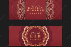 Red and gold eid mubarak banners vector set