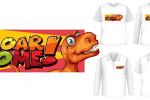 Roar some font and dinosaur cartoon character logo with different types of shirts