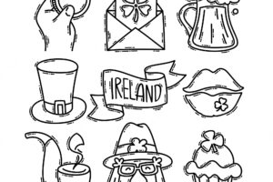 Saint patricks day doodle style handdrawn icon set with simple engraving effect editable stroke