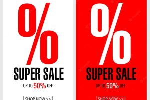 Sale and discount poster with percent sign in the middle of illustration on white or red background.