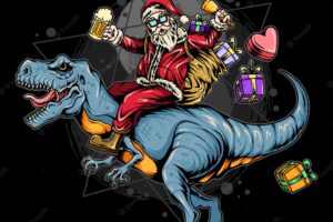 Santa claus christmas  riding a rex dinosaur carrying gifts
