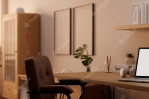 Scandinavian and comfortable home working room interior design with laptop mockup