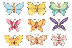 Set of beautiful butterfly in cartoon character drawing isolated on white background vector illustration