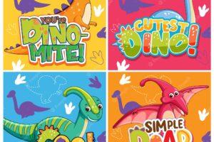 Set of different cute dinosaur posters with speech font