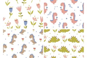 Set of dinosaur and floral patterns. vector illustration.