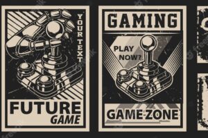 Set of vintage posters on the theme of gaming on a dark background. all elements are in separate groups.