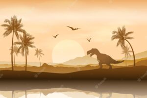 Silhouette of a dinosaur in riverbank background