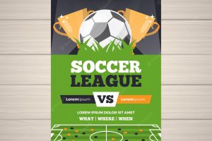 Soccer league flyer with ball and trophies