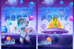 Space party cartoon banners with cute kid astronaut and alien in ufo saucer on fantasy planet landscape with sweets and candies around. birthday celebration invitation, cosmic themed vector posters