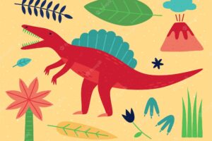 Spinosaurus growls nearby there is a volcano a palm tree footprints and various plants vector il