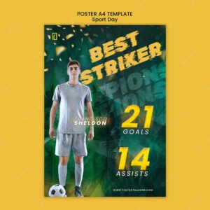 Sports day vertical poster template with glowing and blurry effect