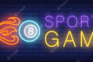 Sports game neon text and ball with fire