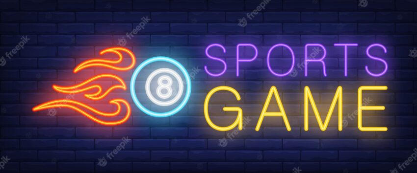 Sports game neon text and ball with fire