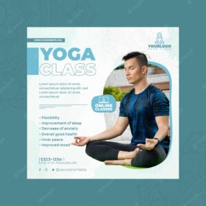 Square flyer template for yoga practice with man