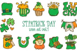 St patrick's day doodle style colorful handdrawn icon set with simple engraving effect editable stroke width cute irish holiday symbols and elements collection