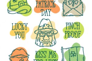 St patricks day doodle style handdrawn icon set with simple engraving effect and lettering on an abstract blob shape cute irish holiday symbols and elements collection