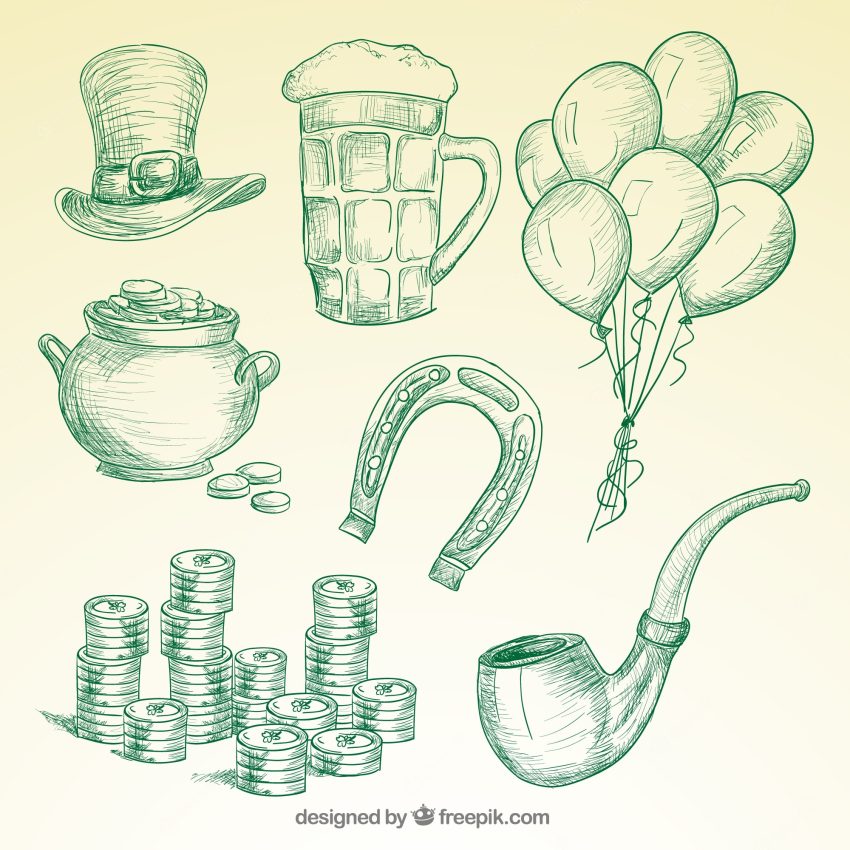 St patricks day elements in hand drawn style
