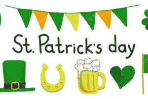 St patricks day vector illustrations horseshoe beer hat irish flag balloon lucky clover garland set