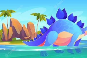 Stegosaurus dinosaur on tropical island background
