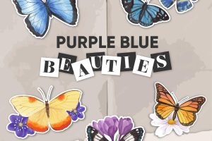 Sticker template with purple and blue butterfly in watercolor style