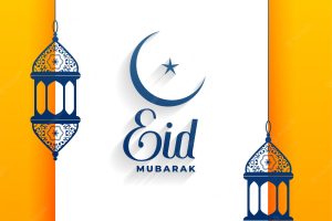 Stylish eid mubarak greeting card with hanging lamps