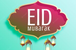 Stylish eid mubarak seasonal background with hanging lamps