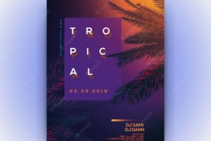 Summer night party flyer with tropical plant