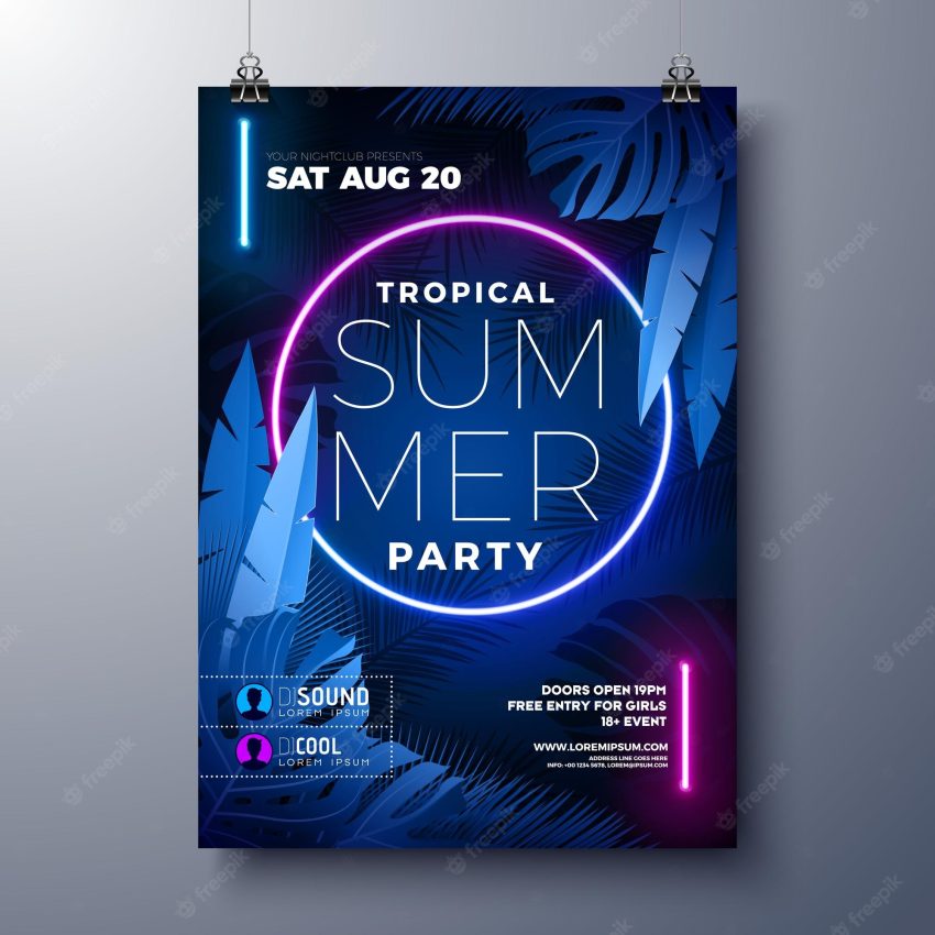 Summer party flyer design template with glowing neon light on fluorescent tropic leaves background