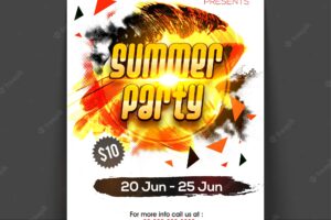 Summer party flyer, template with colorful abstract design and golden lens flare effect.