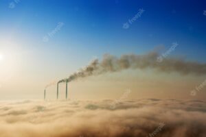 Thermal power station with blue sky on background