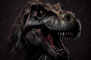 Trex dinosaur portrait on dark studio background