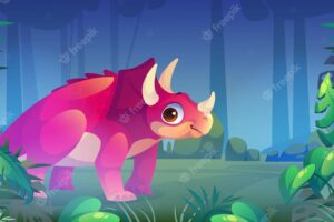 Triceratops dinosaur in jungle prehistoric wild animal on tropical forest background with palm tree leaves jurassic period ancient creature game personage dino monster cartoon vector illustration