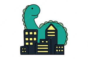 Vector illustration of cute giant green monster brachiosaurus in the city