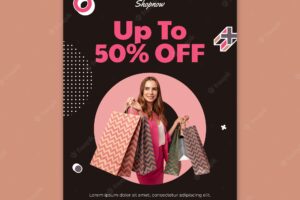 Vertical poster template for sales with woman in pink suit