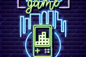 Video game and skyline with video game neon style